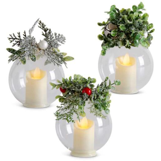 Icy Mistletoe-Pine Glass LED Flicker Ornaments - Zinnias Gift Boutique