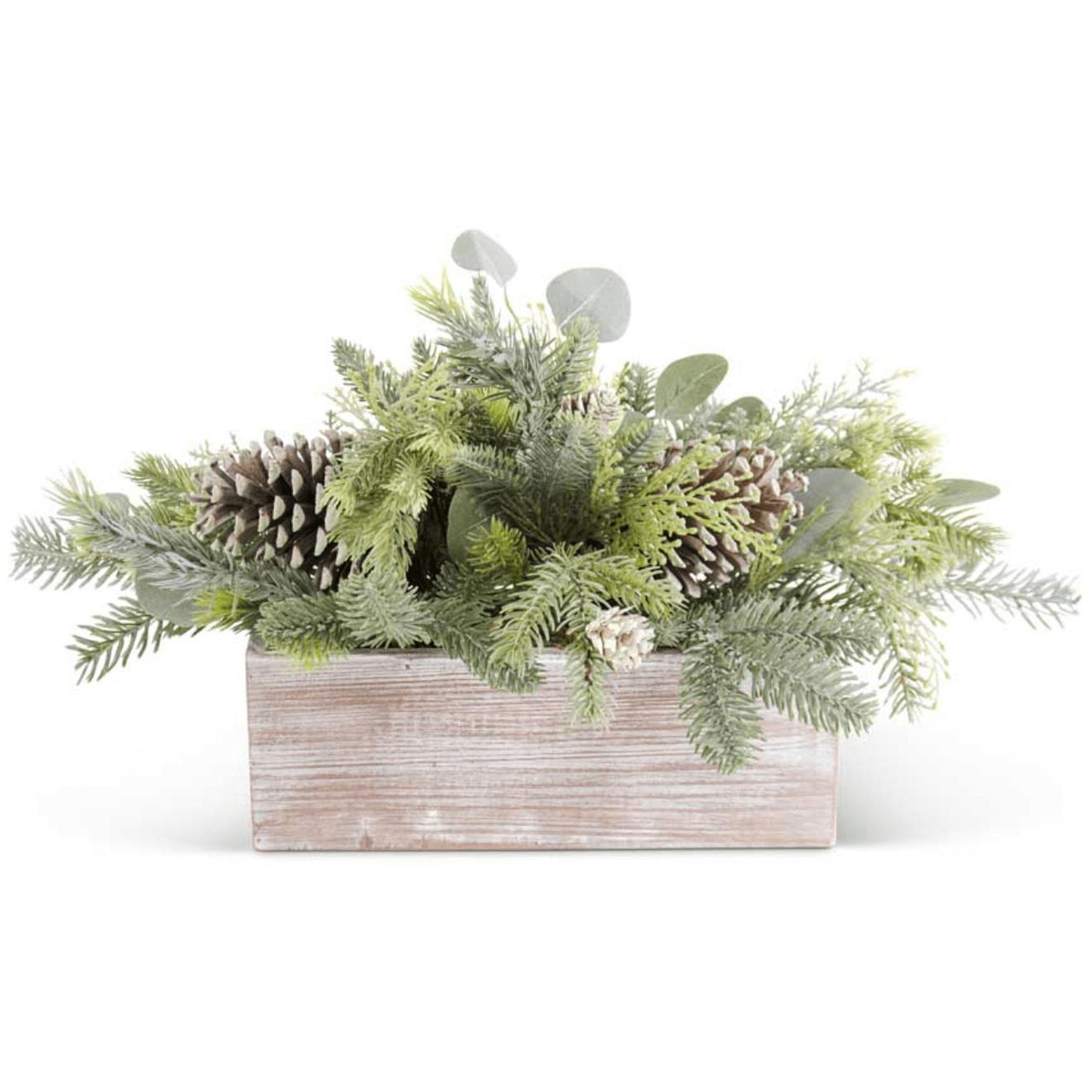Frosted Fir Pine w-Eucalyptus and Pinecones in Wood Planter - Zinnias Gift Boutique