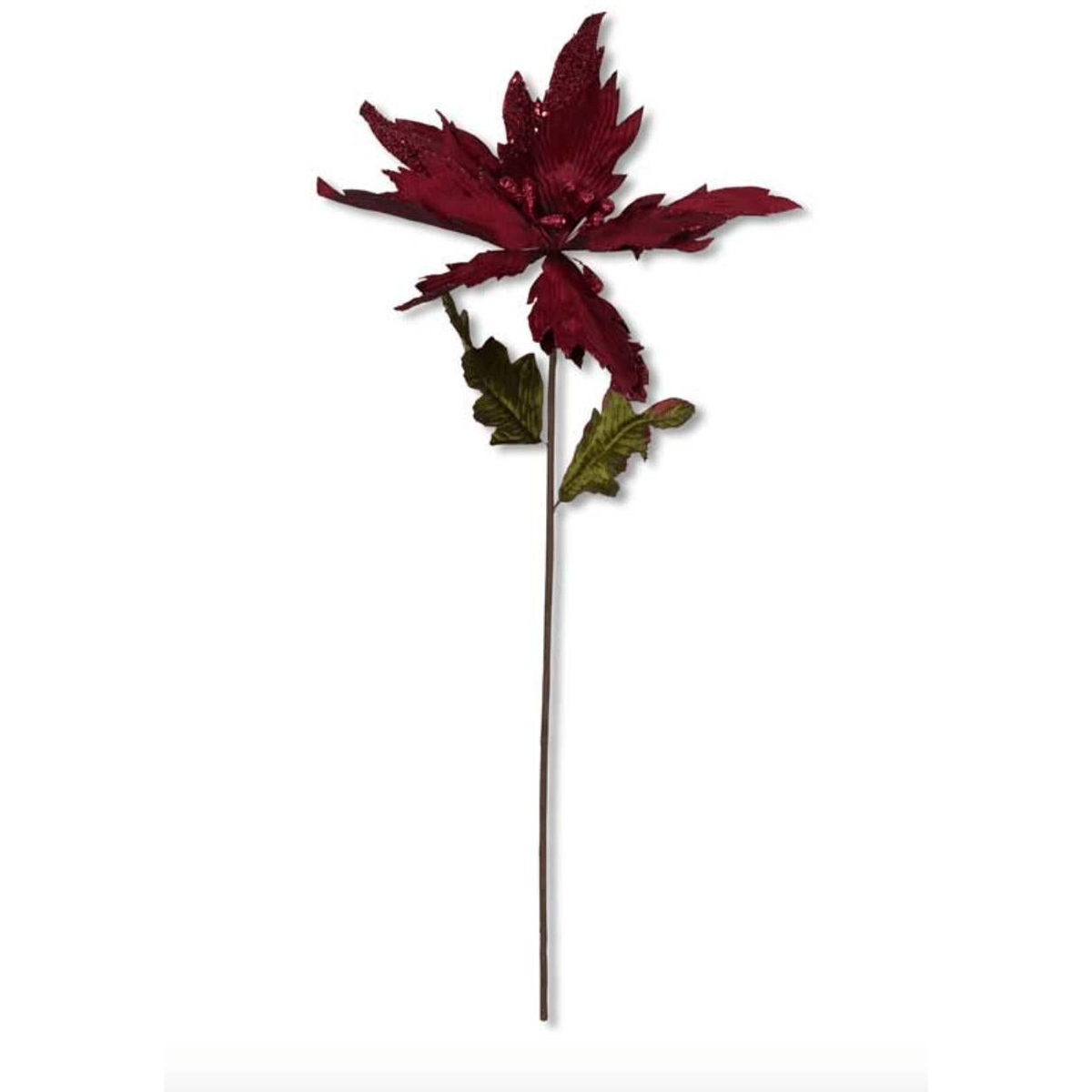 Burgundy Velvet Poinsettia Stem w-Glitter Solid Petals - Zinnias Gift Boutique