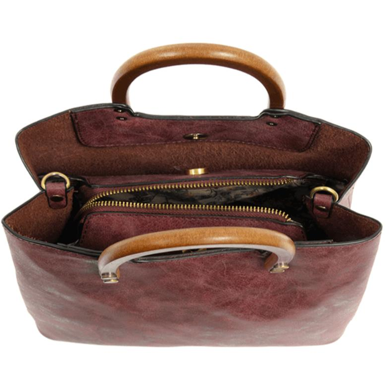 Angie Vintage Satchel with Wood Handle - Cabernet - Zinnias Gift Boutique