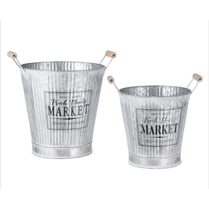Flower Market Bucket with Wooden Handle set of 2 - Zinnias Gift Boutique