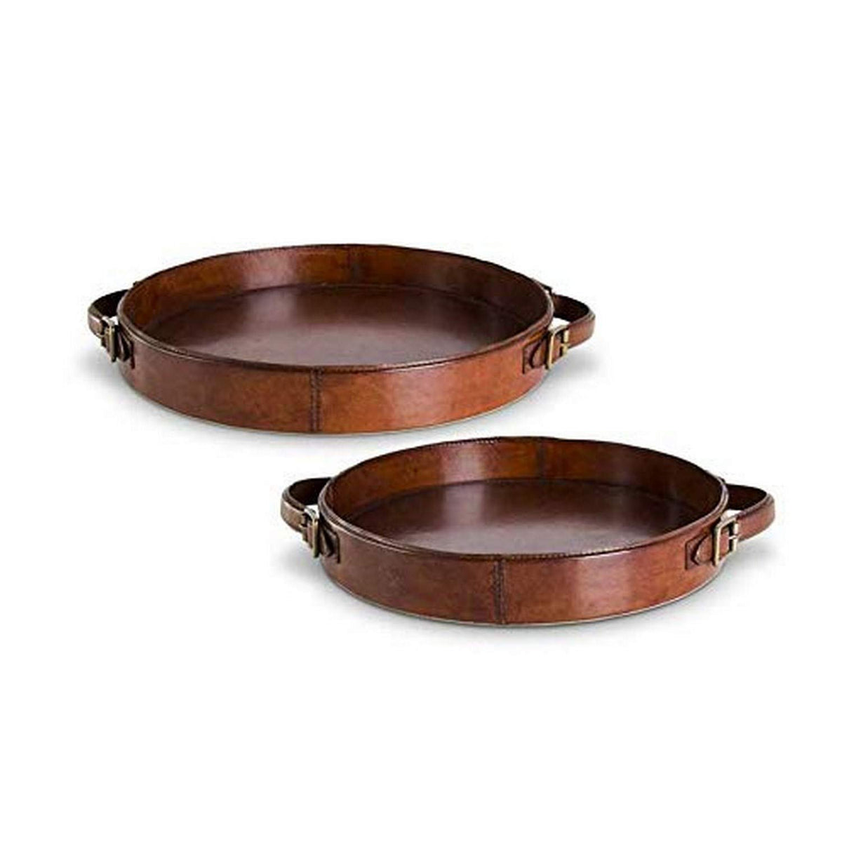Tan Leather Trays w/ Brass Buckle Accent Handles - Zinnias Gift Boutique