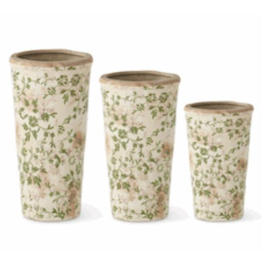 Sm Cream &amp; Green Floral Ceramic Pots - Zinnias Gift Boutique