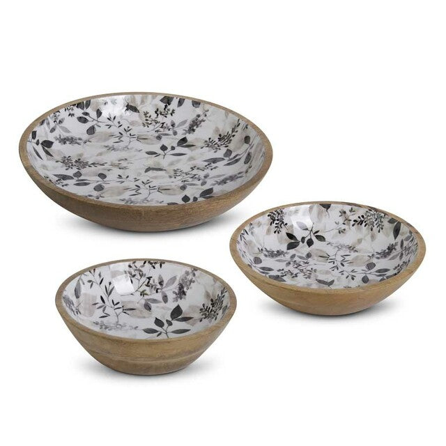 Wooden Plates w Black & Gray Botanical Enamel - Zinnias Gift Boutique