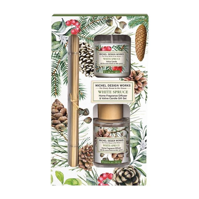 White Spruce Home Fragrance Diffuser & Votive Candle Gift Set - Zinnias Gift Boutique