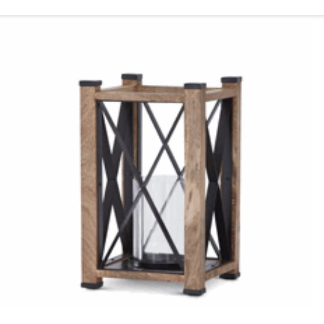 Wood & Black Metal Lantern w Glass Cylinder - Zinnias Gift Boutique
