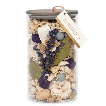 Lavender potpourri by Andaluca, California-made, featuring dried lavender flowers and aromatic botanical blends in a decorative display.