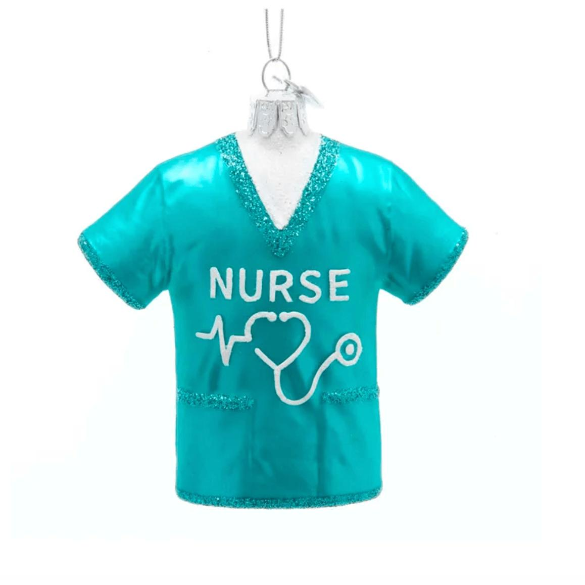 Kurt Adler Noble Gems Nurse Scrubs Shirt glass ornament featuring a detailed nurse uniform design.