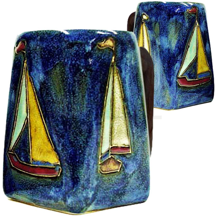 Square 12oz Mara Mugs with sailboat designs, featuring nautical sailboats on a white background for a charming coffee mug display.