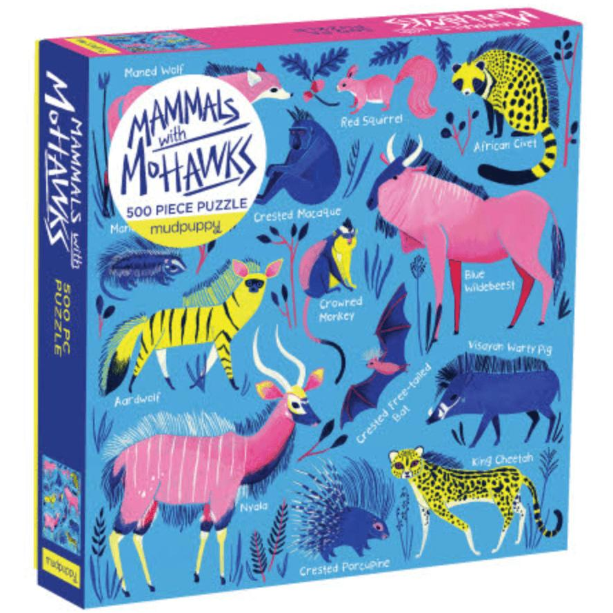 Colorful Mudpuppy mammals with mohawks puzzle featuring playful animal illustrations on a vibrant background.