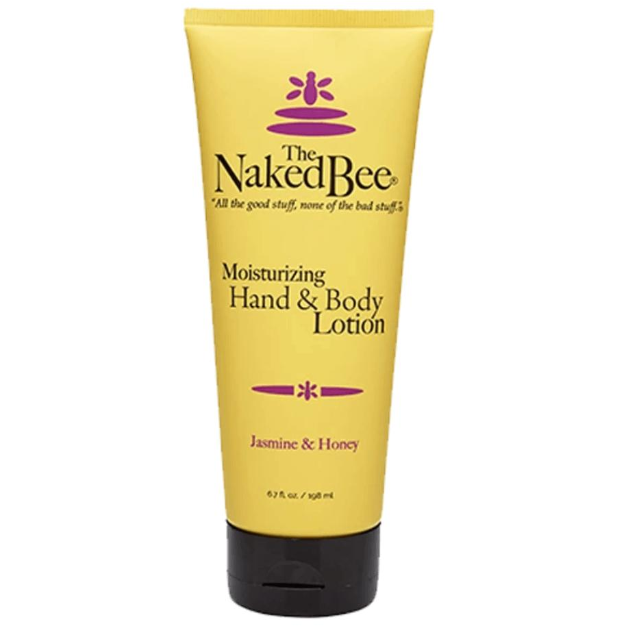 Naked Bee Jasmine and Honey Hand Lotion bottle with floral label, showcasing moisturizing hand care product in a 2.25 oz size