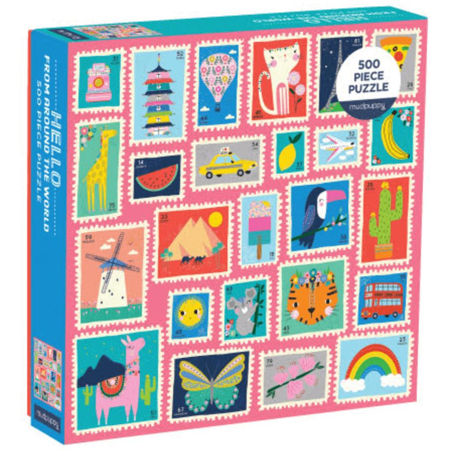 Colorful Hello Around the World puzzle by Puzzles featuring a vibrant map and iconic landmarks on a flat surface.