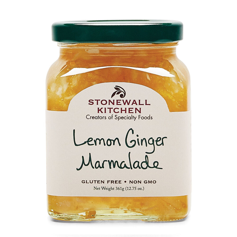 Jar of Lemon Ginger Marmalade by Stonewall Kitchen with lemon and ginger pieces visible in the clear glass jar.